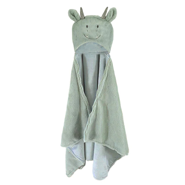 Mon Ami Dax Dragon Plush Blanket, a sage green hooded blanket with a dragon face and horns