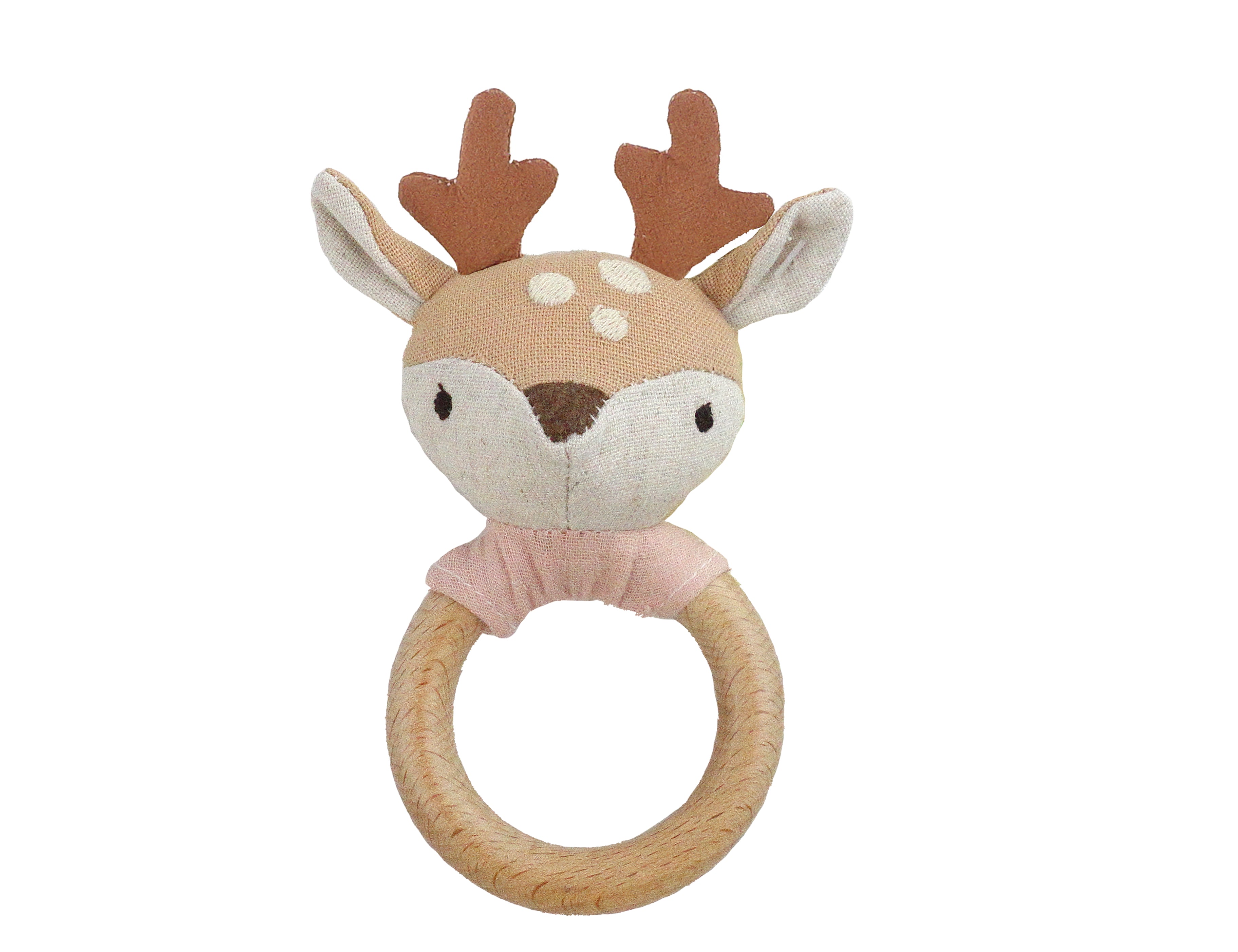 Mon Ami Fawn Wood Rattle, a plush fawn head with antlers on a natural wooden ring