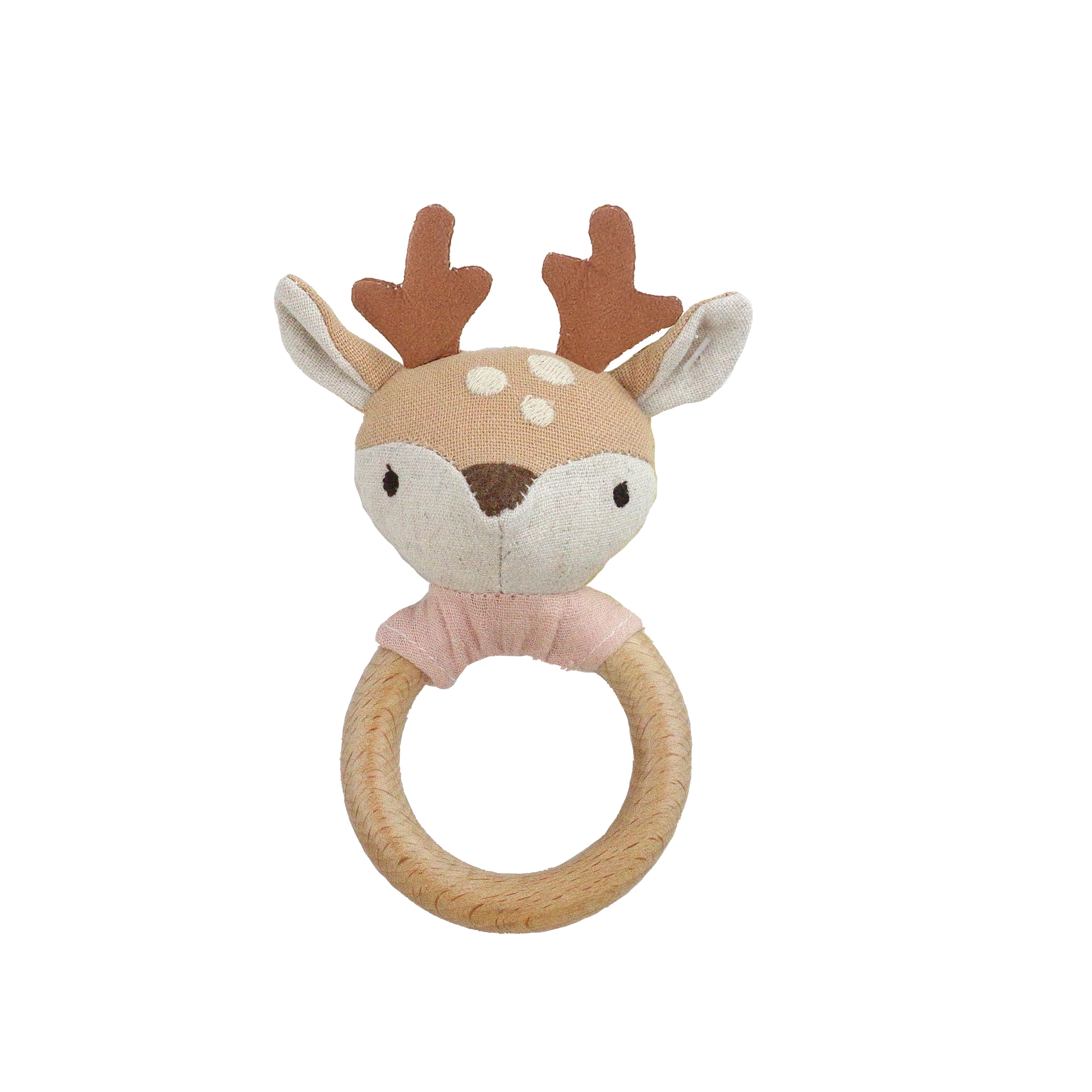 Mon Ami Fawn Wood Rattle, a plush fawn head with antlers on a natural wooden ring