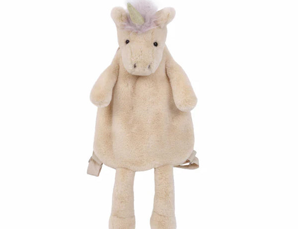 Mon Ami Luna Unicorn Backpack, a blush pink plush unicorn backpack with a lavender mane
