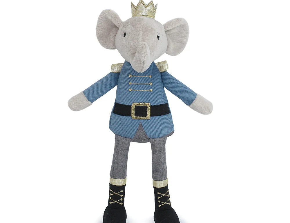 Mon Ami Plush Doll in Elroy Elephant Prince, a gray elephant in a blue military jacket and gold crown