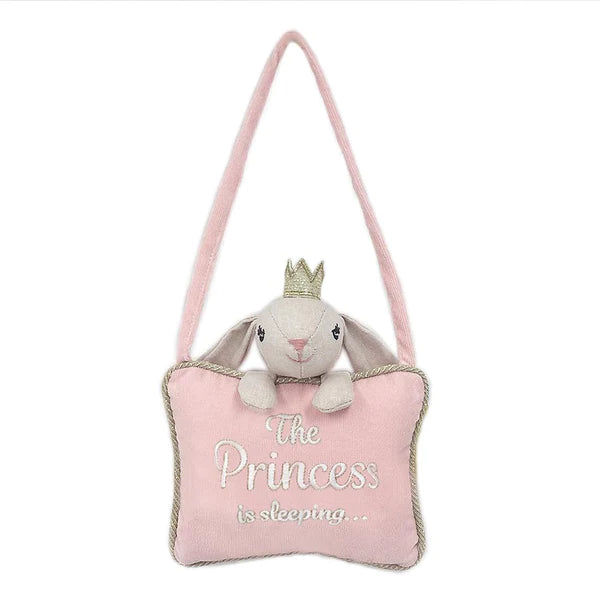 Mon Ami Plush Door Hanger in The Princess, a pink pillow with a bunny reading The Princess is sleeping