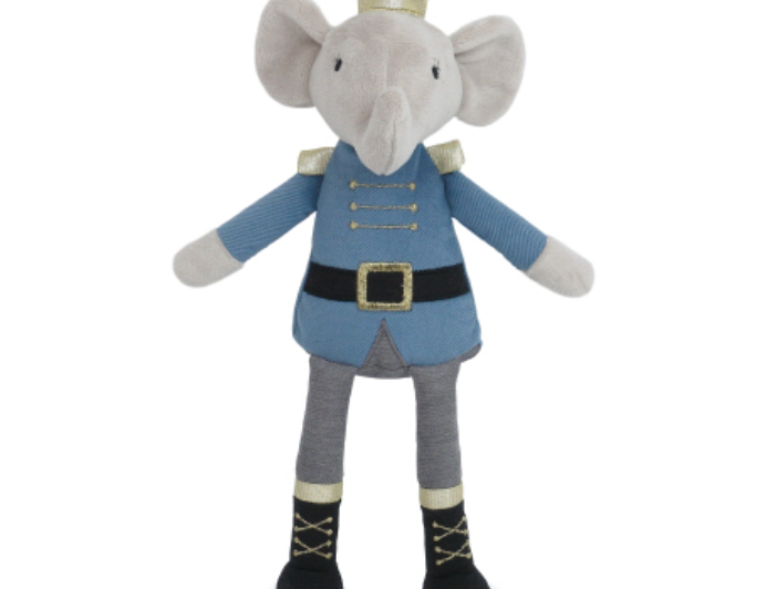 Mon Ami Prince Earl Elephant Doll, a gray elephant in a blue military jacket and gold crown