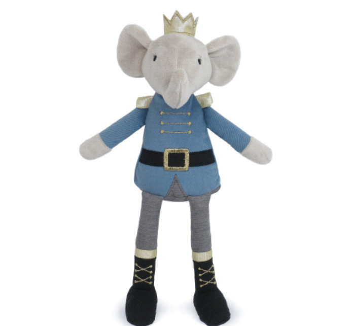 Mon Ami Prince Earl Elephant Doll, a gray elephant in a blue military jacket and gold crown