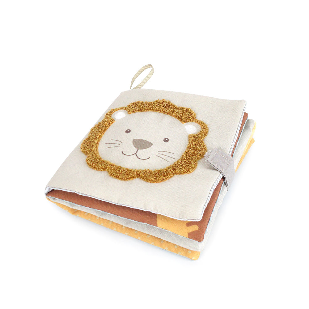 Mon Ami Safari & Friends Book, a soft cloth baby book with an embroidered lion on the cover