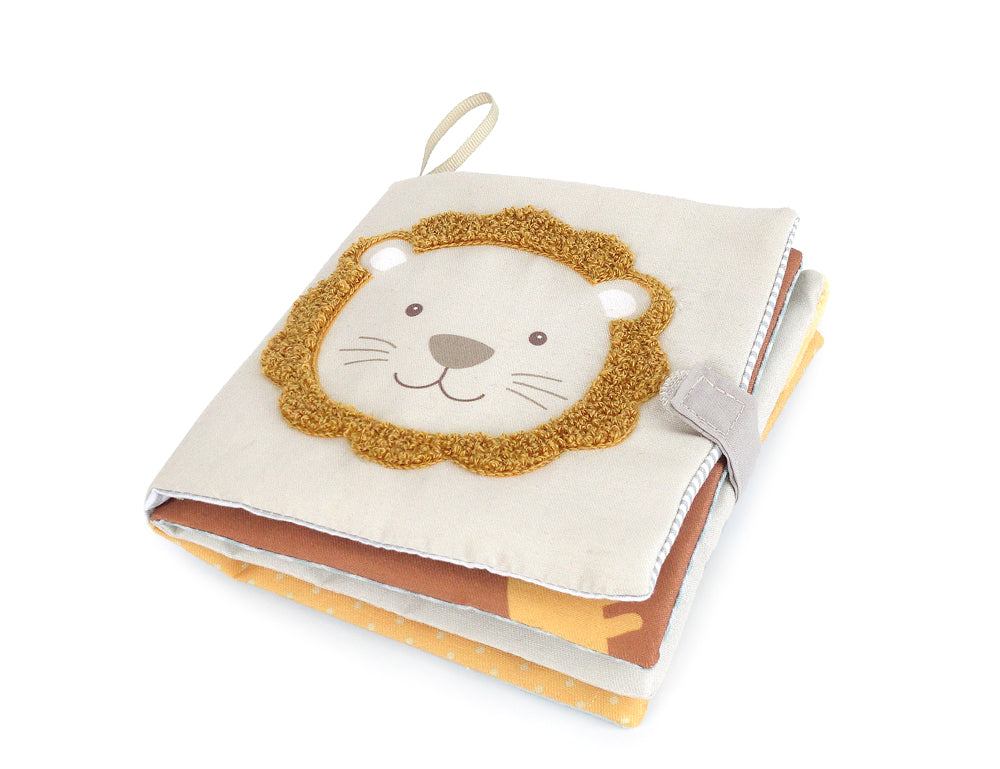 Mon Ami Safari & Friends Book, a soft cloth baby book with an embroidered lion on the cover