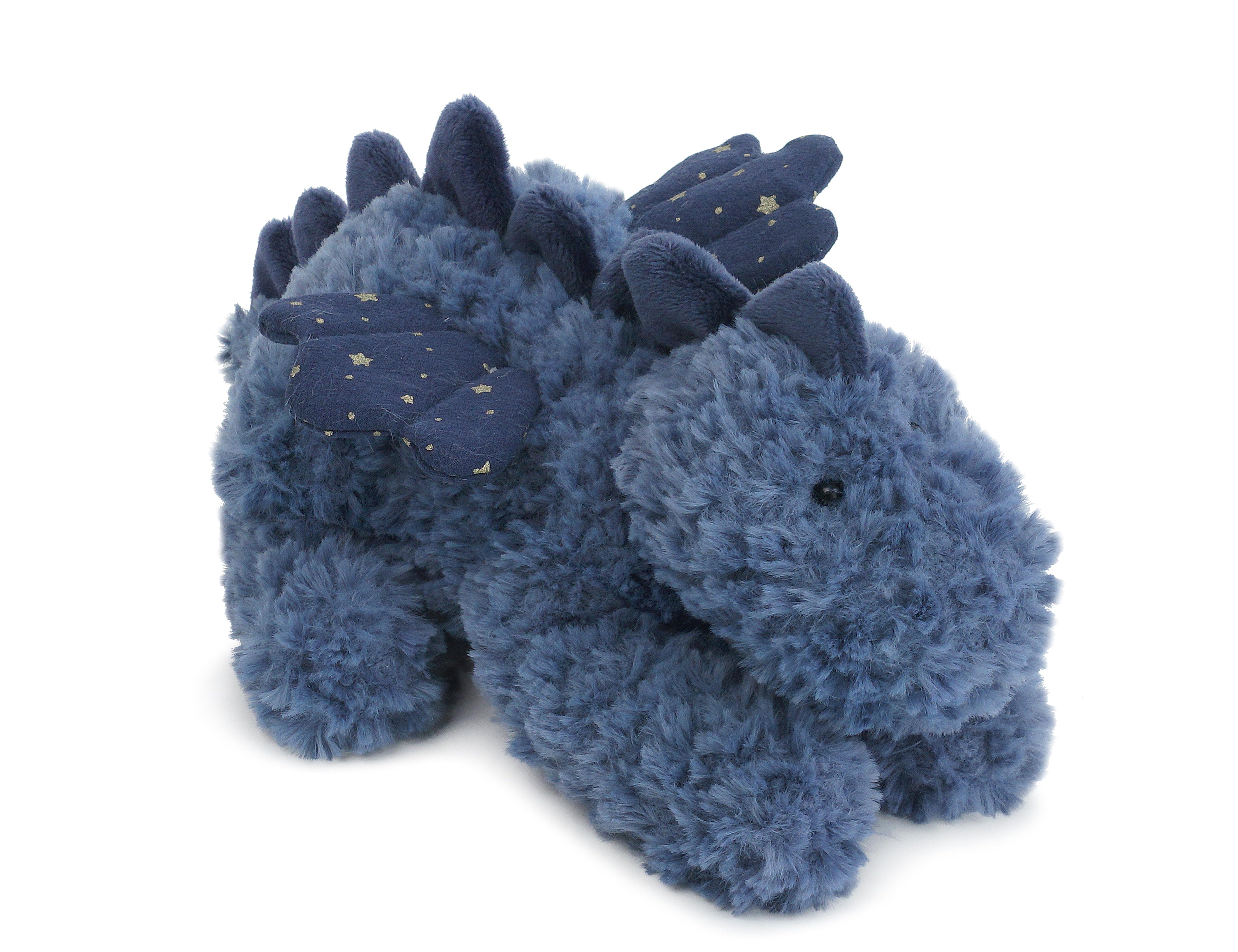 Mon Ami Starblaze Baby Dragon, a navy blue boucle plush dragon with star embroidery