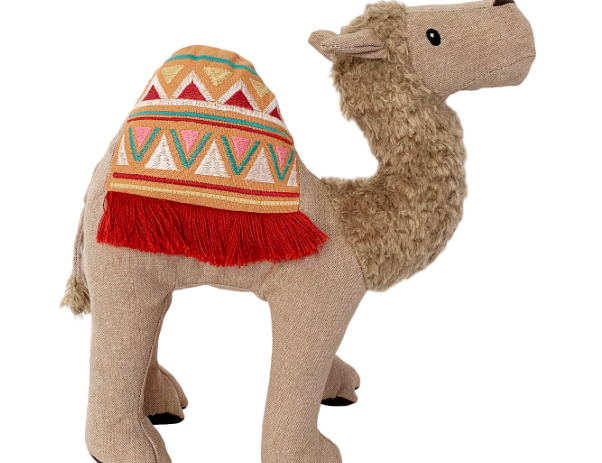 Mon Ami Stuffed Animal camel, a tan plush camel with an embroidered saddle blanket