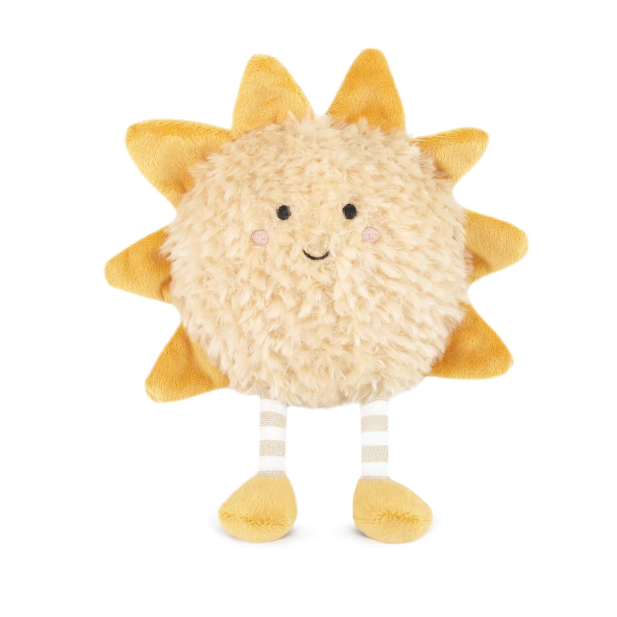 Mon Ami Sun Beam Plush, a smiling fluffy yellow sun with orange rays and striped legs