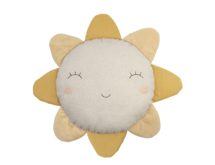 Mon Ami Sunny Day Pillow, a cream sun-shaped pillow with mustard rays and a sleeping face