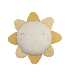 Mon Ami Sunny Day Pillow, a cream sun-shaped pillow with mustard rays and a sleeping face