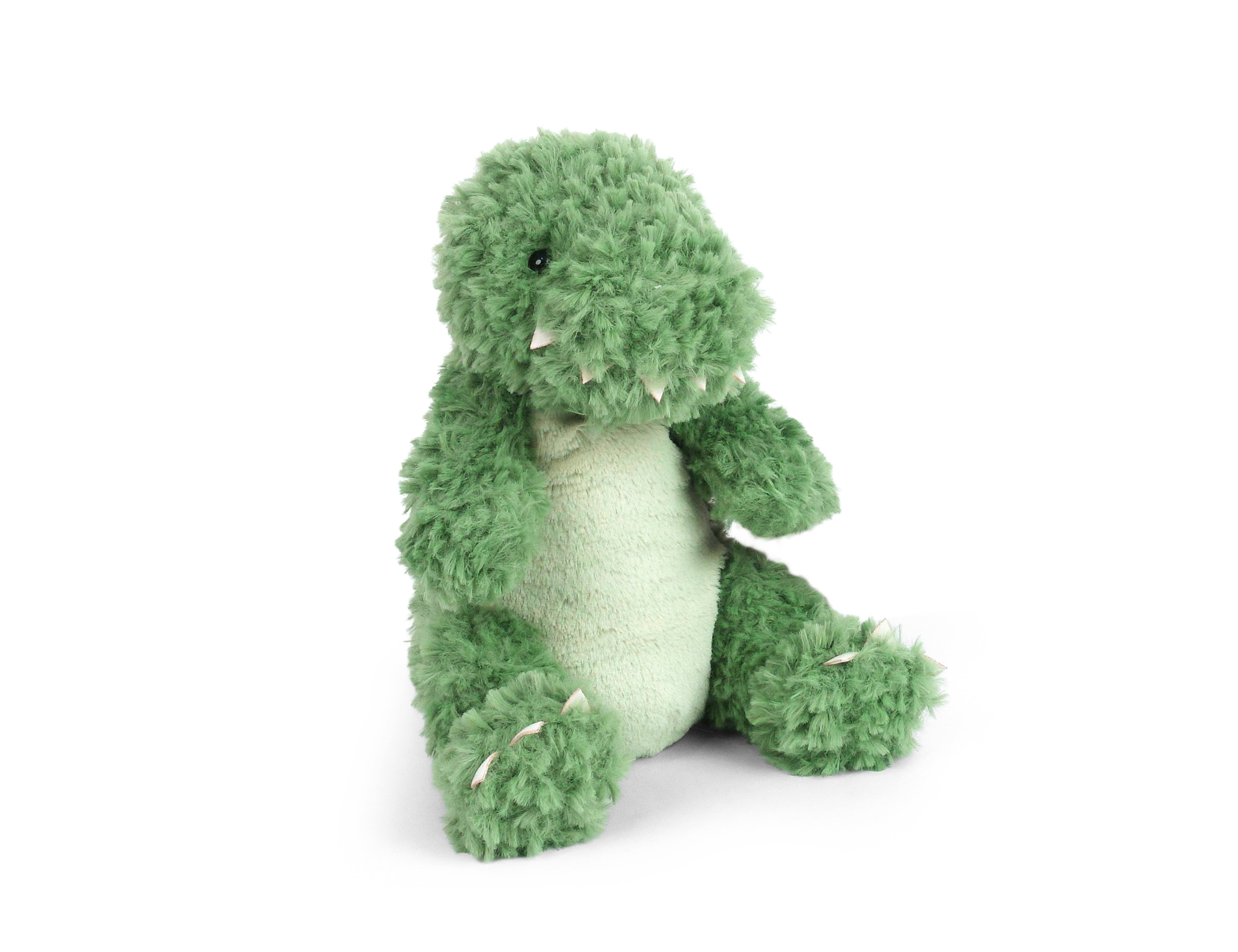 Mon Ami Trey T-Rex Plush, a green boucle T-rex stuffed animal with a mint belly