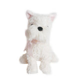 Mon Ami Wes The Westie, a fluffy white plush terrier with a pink ribbon, sitting