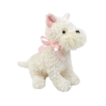 Mon Ami Wes The Westie, a fluffy white plush terrier with a pink bow, standing
