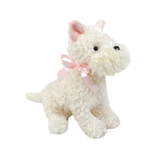 Mon Ami Wes The Westie, a fluffy white plush terrier with a pink bow, standing