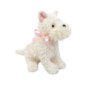 Mon Ami Wes The Westie, a fluffy white plush terrier with a pink bow, standing