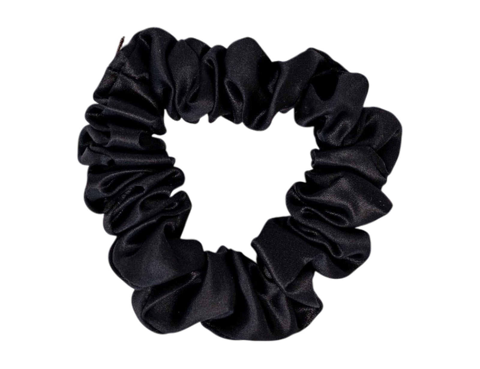 100% mulberry silk scrunchie in Black, small size, a black silk hair tie on a white background.