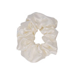 100% mulberry silk scrunchie in Ivory, large size, a soft ivory silk hair tie on a white background.