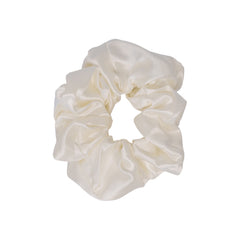 100% mulberry silk scrunchie in Ivory, large size, a soft ivory silk hair tie on a white background.