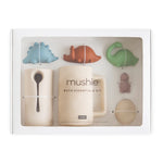 Mushie Bath Essentials Kit in Dino, boxed set with a rinse cup, spoon and pastel dinosaur bath toys
