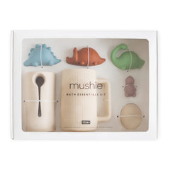 Mushie Bath Essentials Kit in Dino, boxed set with a rinse cup, spoon and pastel dinosaur bath toys