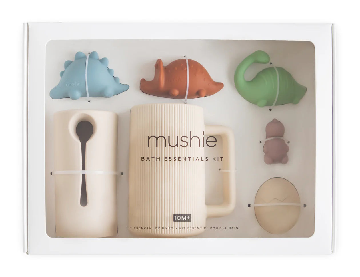 Mushie Bath Essentials Kit in Dino, boxed set with a rinse cup, spoon and pastel dinosaur bath toys