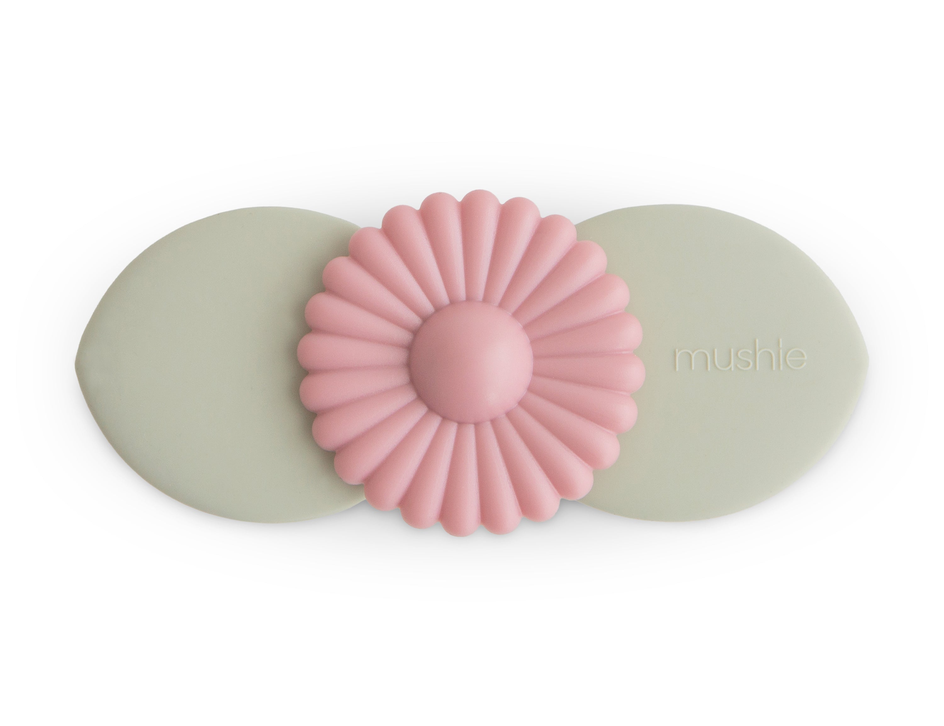 Mushie Blossom Suction Spinner Toy, a sage green base with a pink flower spinner