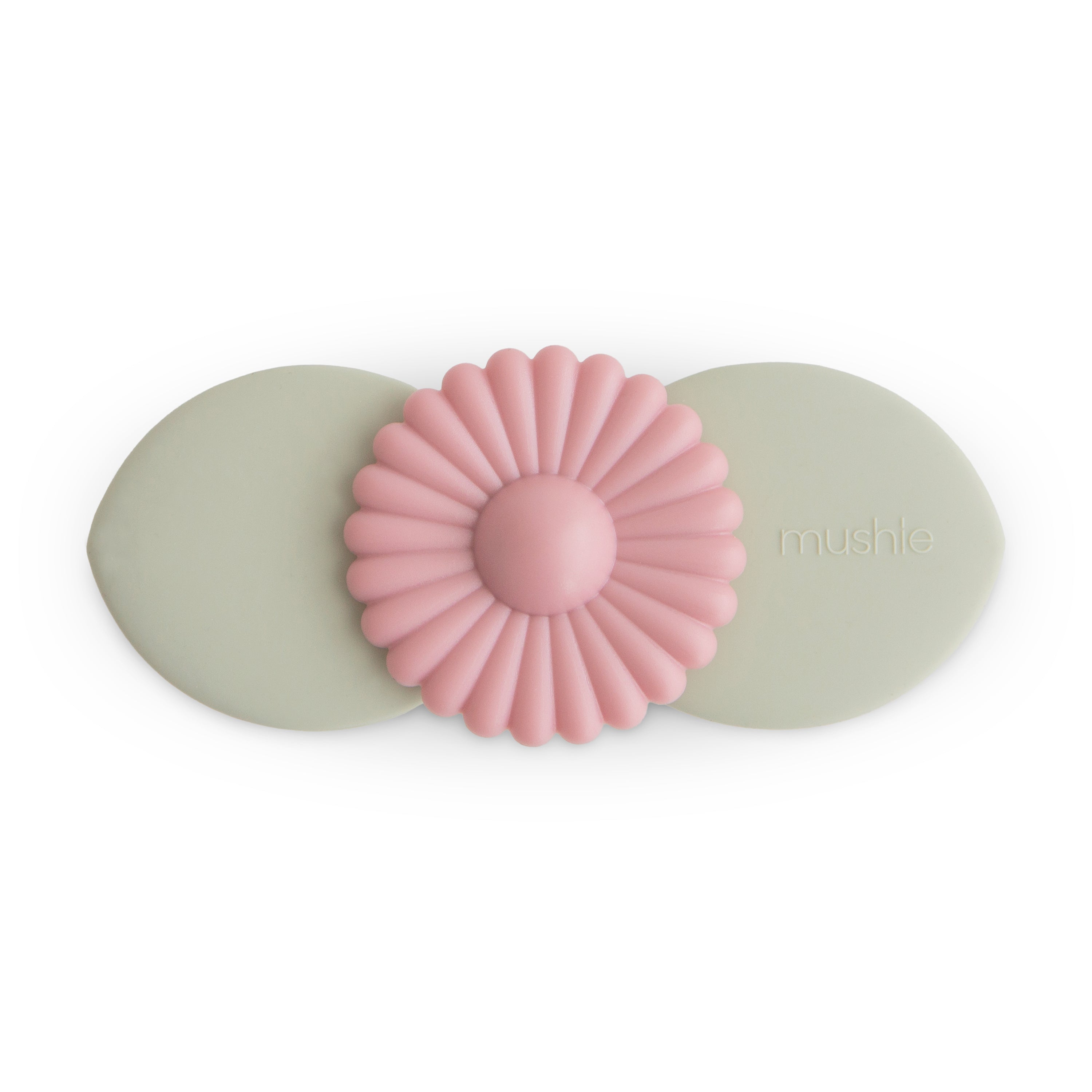 Mushie Blossom Suction Spinner Toy, a sage green base with a pink flower spinner