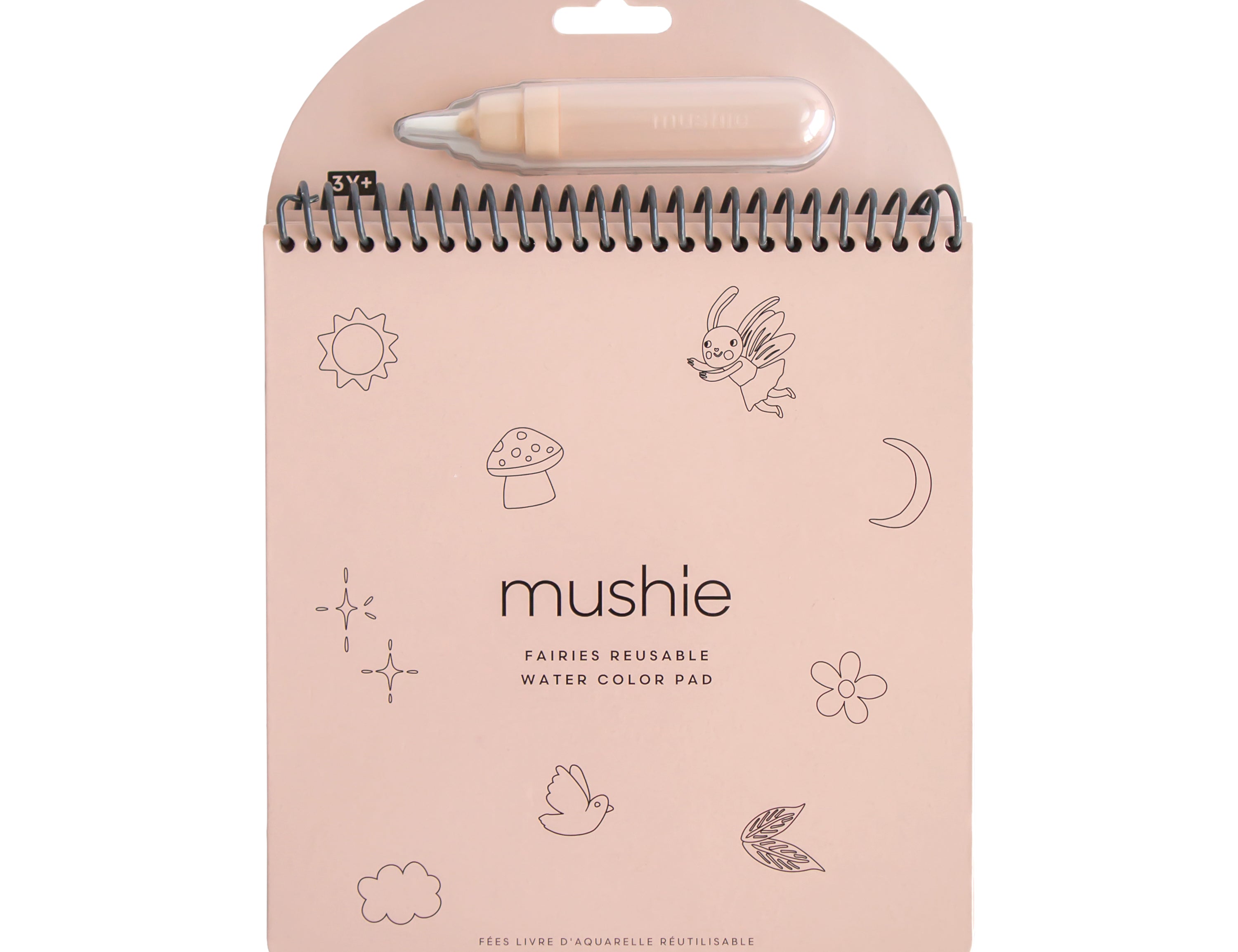 Mushie Fairies Reusable Water Color Pad, a pink spiral pad with a water brush pen and fairy illustrations