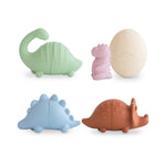 Mushie Mold Free Bath Play Set in Dino, green, pink, blue and rust dinosaurs with an egg