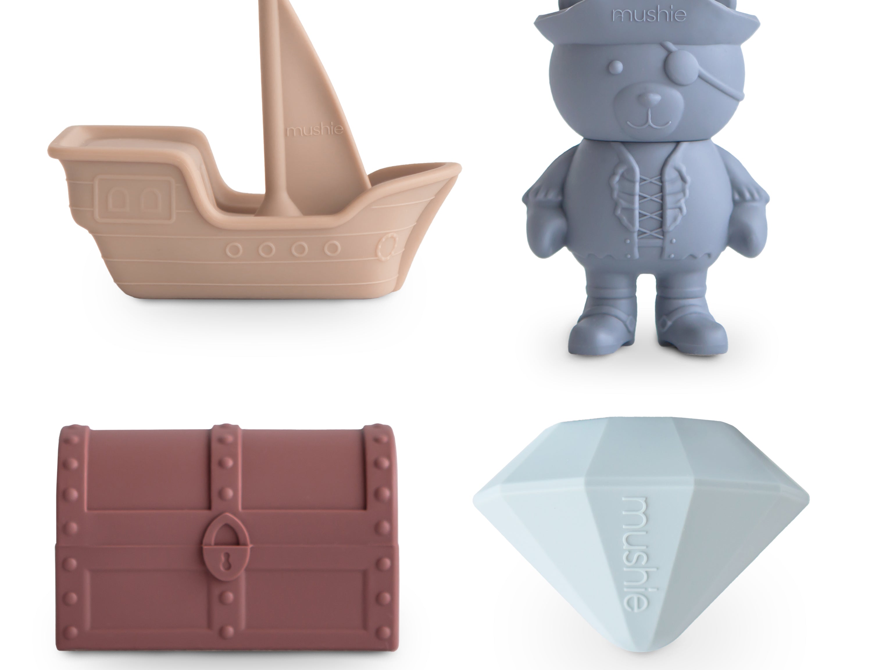 Mushie Mold Free Bath Play Set in Pirate, a tan ship, blue pirate bear, rust treasure chest and blue gem