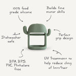 Mushie No-Drop Cactus Teether with feature callouts: food grade silicone, dishwasher safe, BPA free, grip design