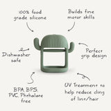 Mushie No-Drop Cactus Teether with feature callouts: food grade silicone, dishwasher safe, BPA free, grip design