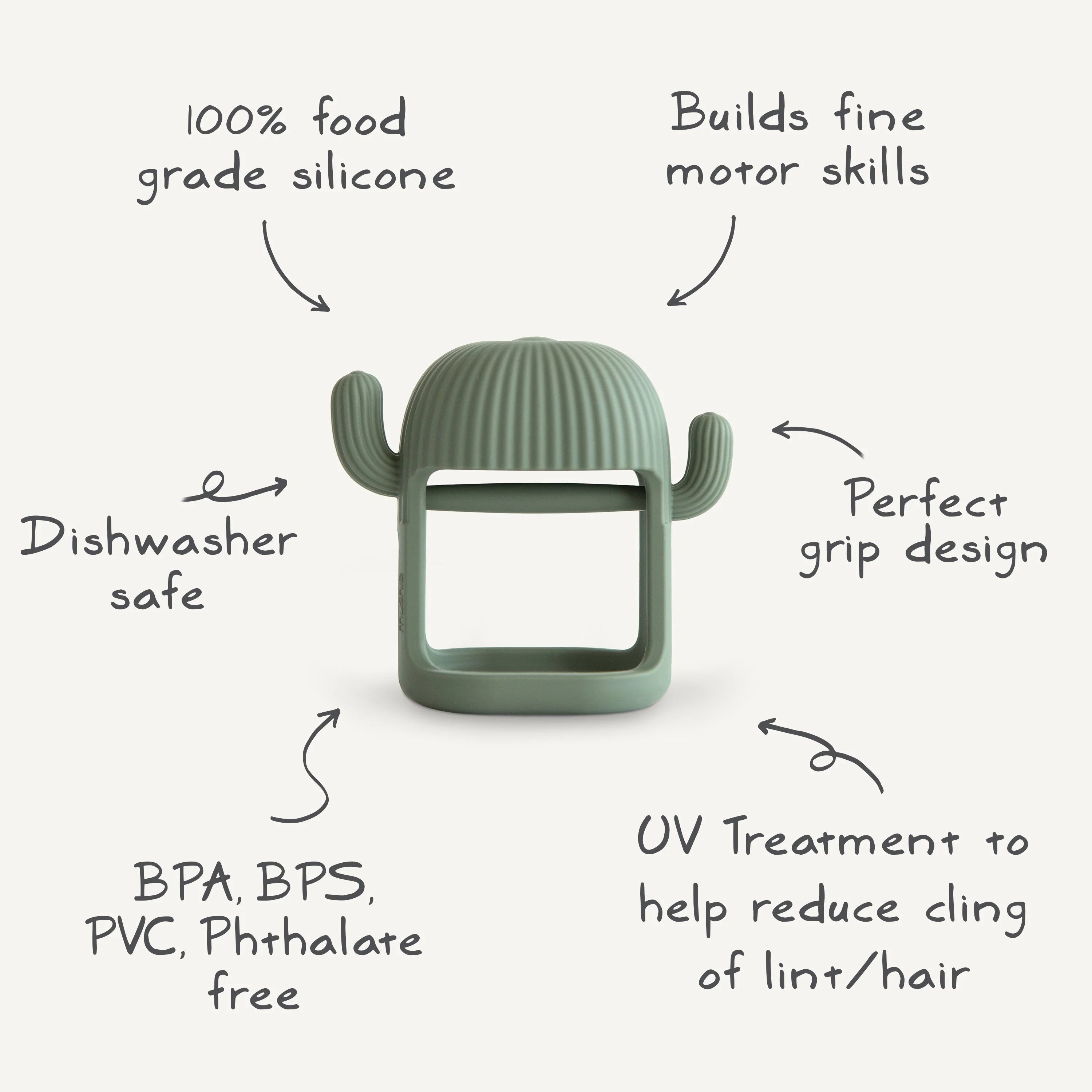 Mushie No-Drop Cactus Teether with feature callouts: food grade silicone, dishwasher safe, BPA free, grip design