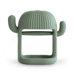 Mushie No-Drop Cactus Teether, a sage green silicone cactus-shaped teether with a wrist loop