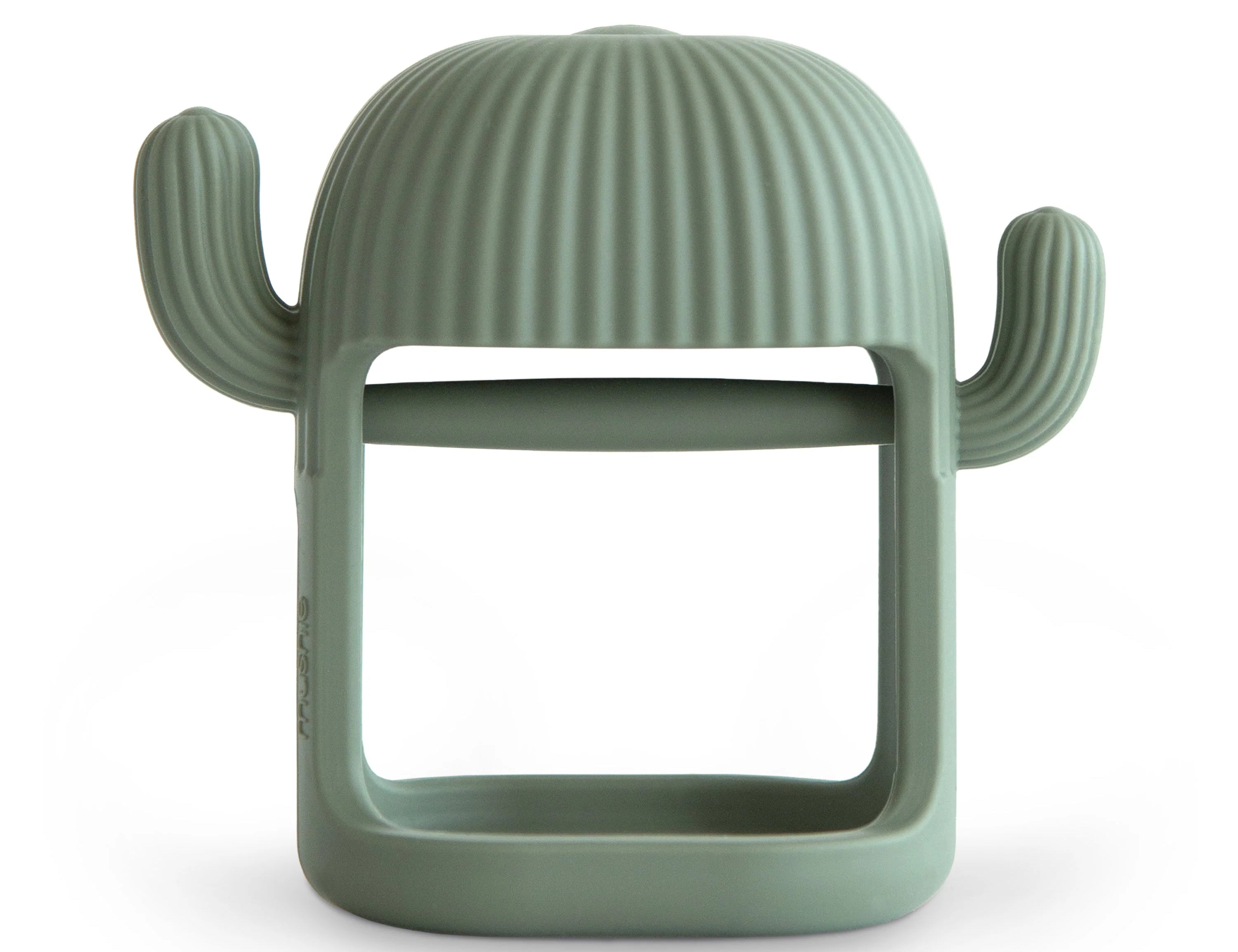 Mushie No-Drop Cactus Teether, a sage green silicone cactus-shaped teether with a wrist loop