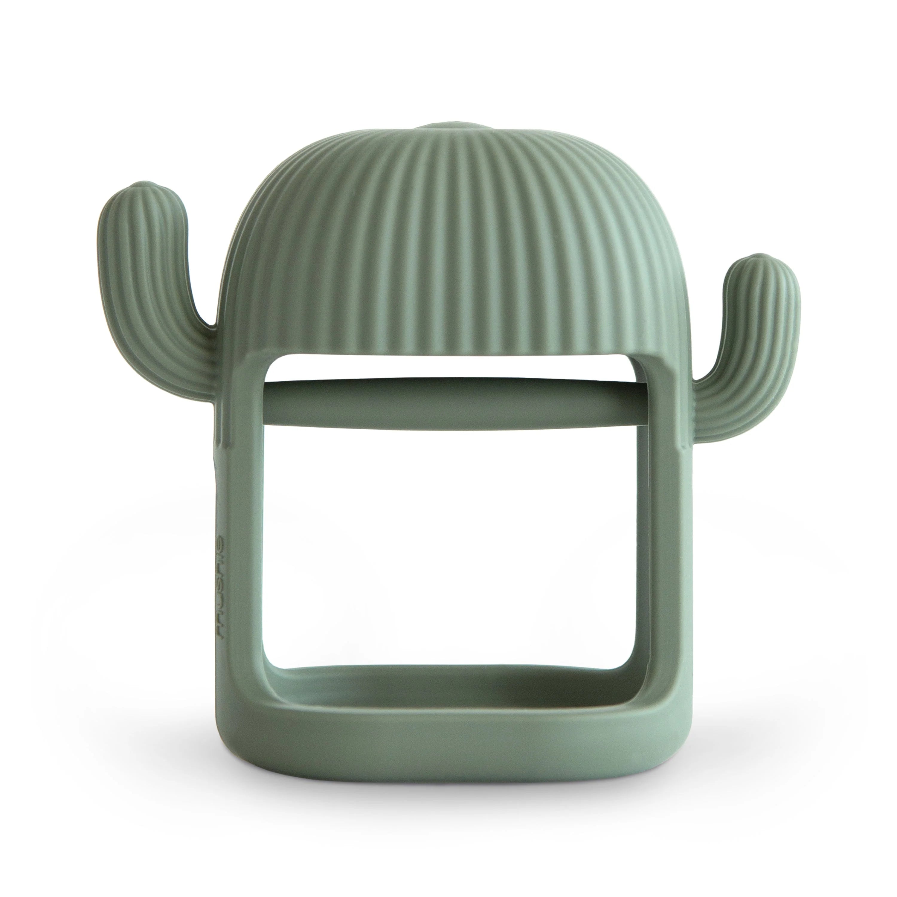 Mushie No-Drop Cactus Teether, a sage green silicone cactus-shaped teether with a wrist loop