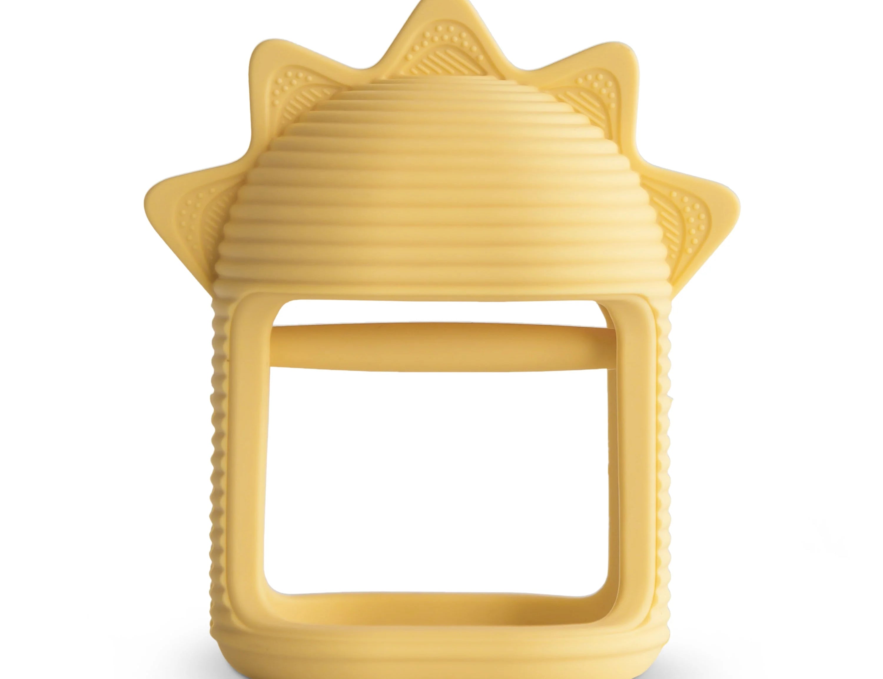 Mushie No-Drop Sun Teether, a mustard yellow silicone sun-shaped teether with a wrist loop