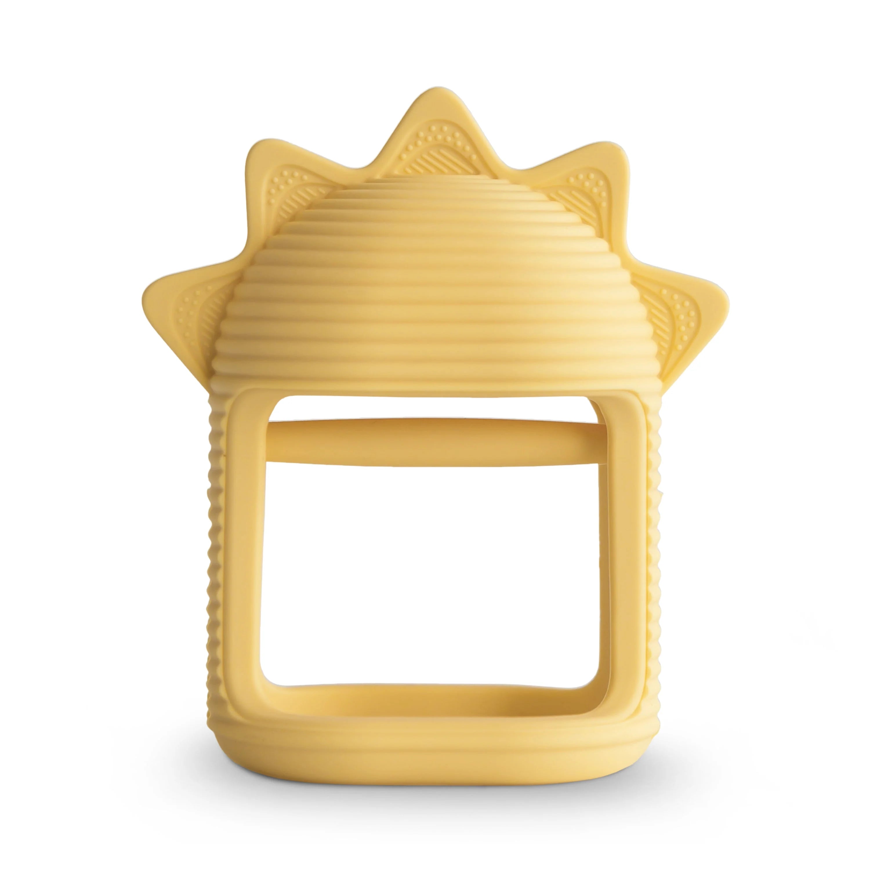Mushie No-Drop Sun Teether, a mustard yellow silicone sun-shaped teether with a wrist loop