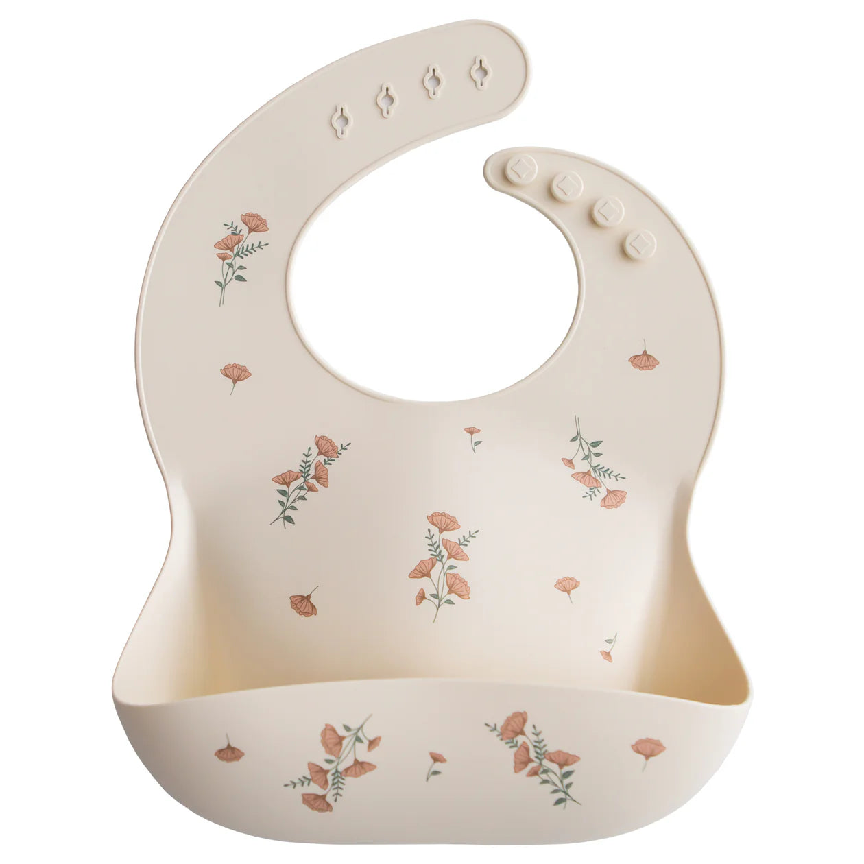 Mushie Silicone Baby Bib in Pink Flowers, a cream bib with a pink floral print and a catch pocket