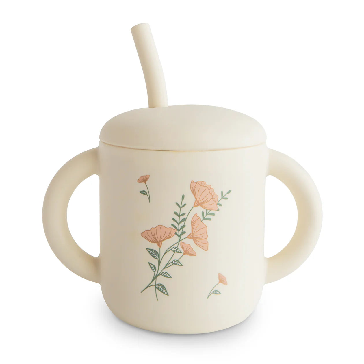 Mushie Silicone Training Cup + Straw in Pink Flowers, a cream cup with two handles, a lid and a straw