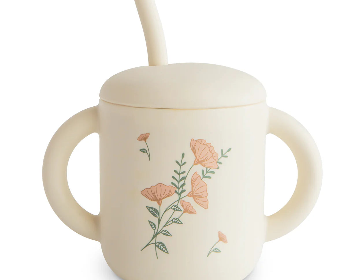 Mushie Silicone Training Cup + Straw in Pink Flowers, a cream cup with two handles, a lid and a straw