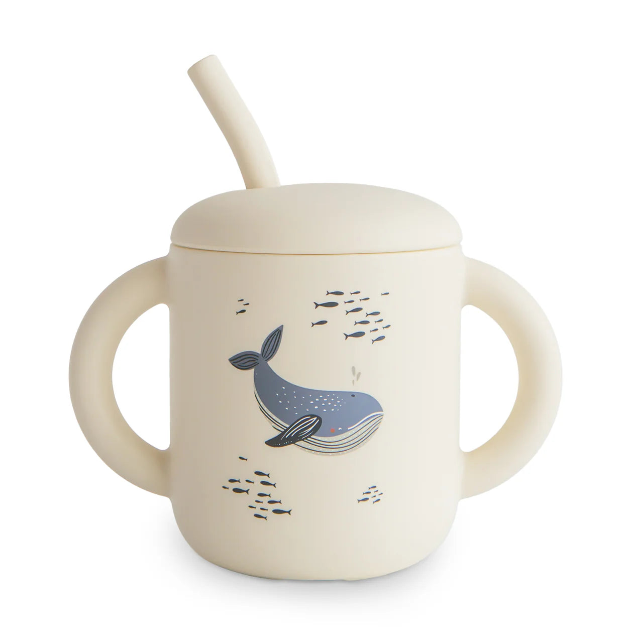 Mushie Silicone Training Cup + Straw in Whale, a cream cup with two handles, a lid and a straw
