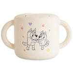 Mushie Snack Cup in Bluey Ivory, a cream silicone cup printed with Bluey and Bingo