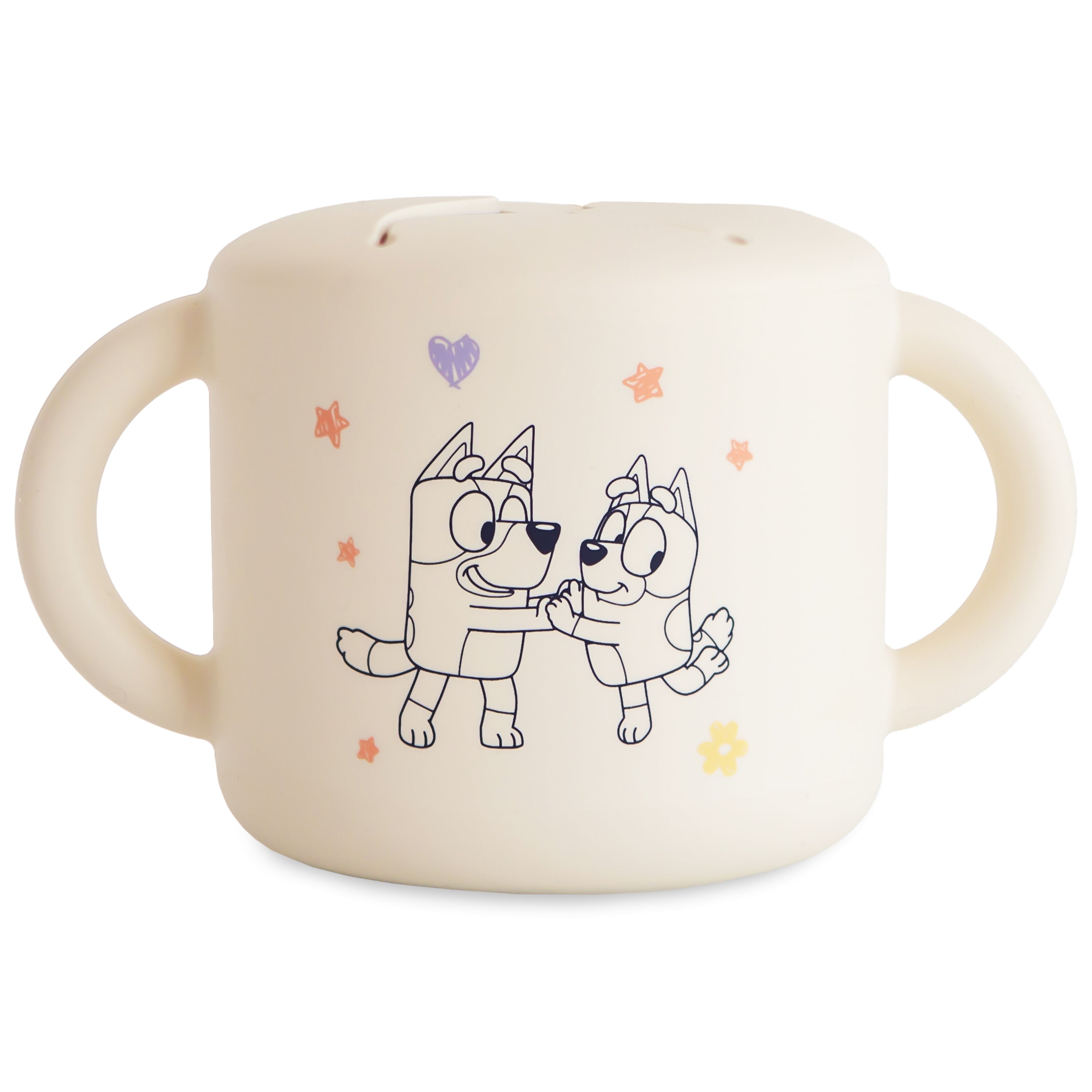 Mushie Snack Cup in Bluey Ivory, a cream silicone cup printed with Bluey and Bingo