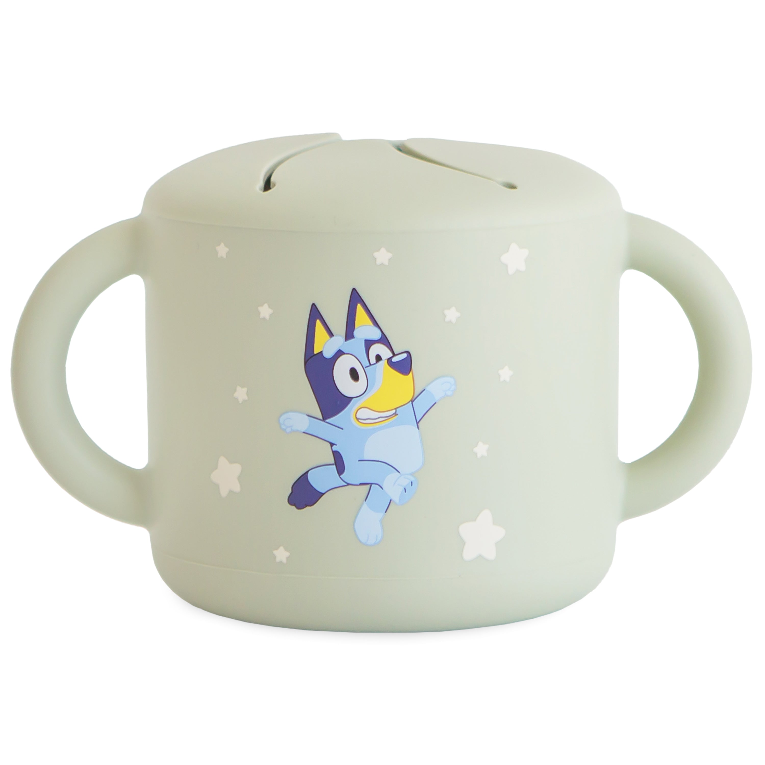 Mushie Snack Cup in Bluey Sage, a sage green silicone cup printed with Bluey