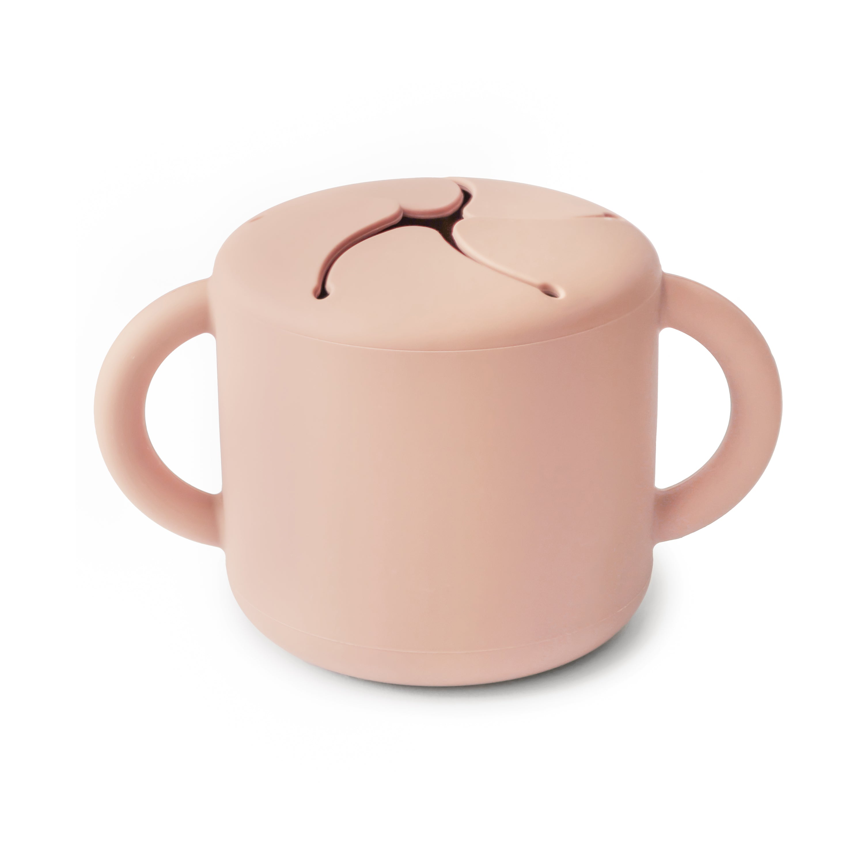 Mushie Snack Cup in Blush, a pink silicone cup with two handles and a slotted spill-proof lid