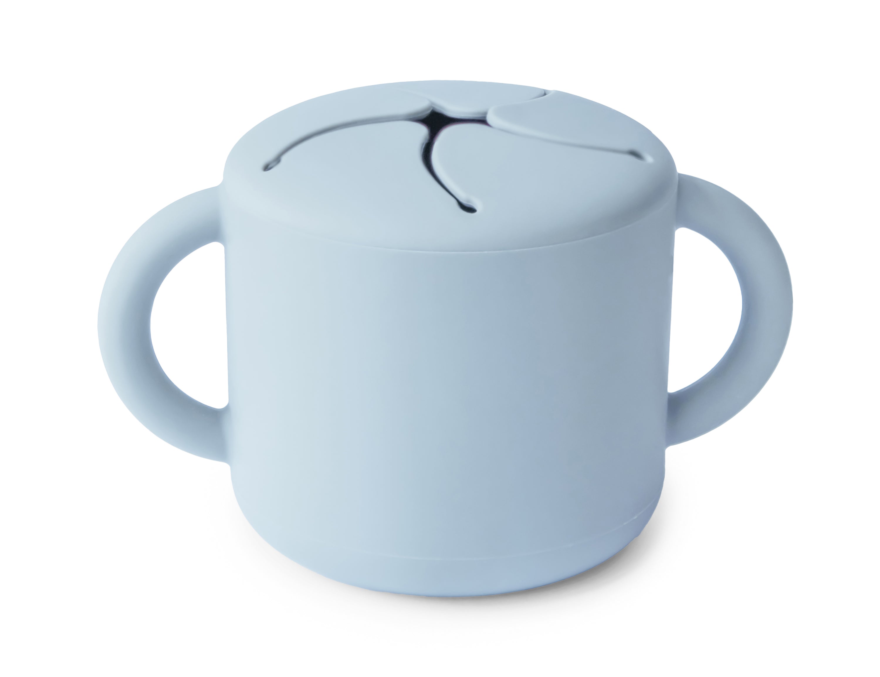 Mushie Snack Cup in Powder Blue, a silicone cup with two handles and a slotted spill-proof lid