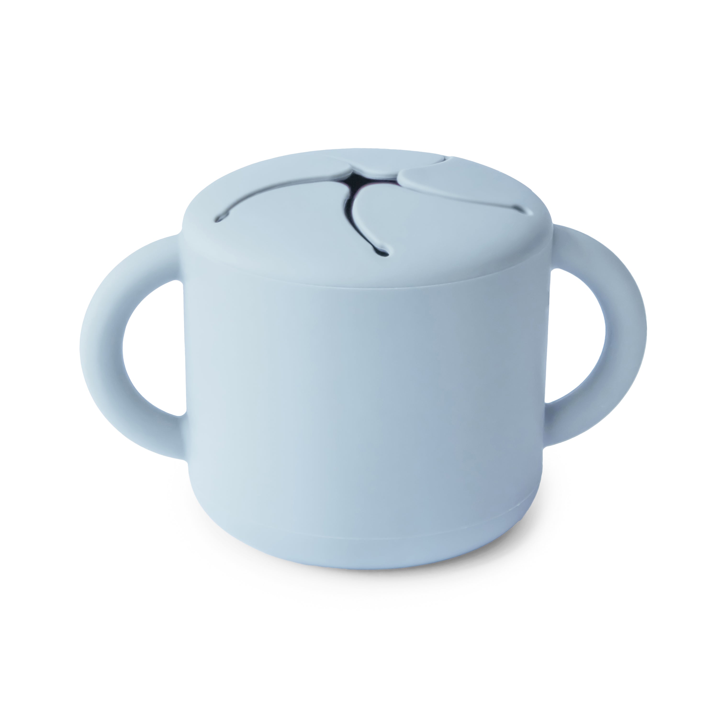 Mushie Snack Cup in Powder Blue, a silicone cup with two handles and a slotted spill-proof lid