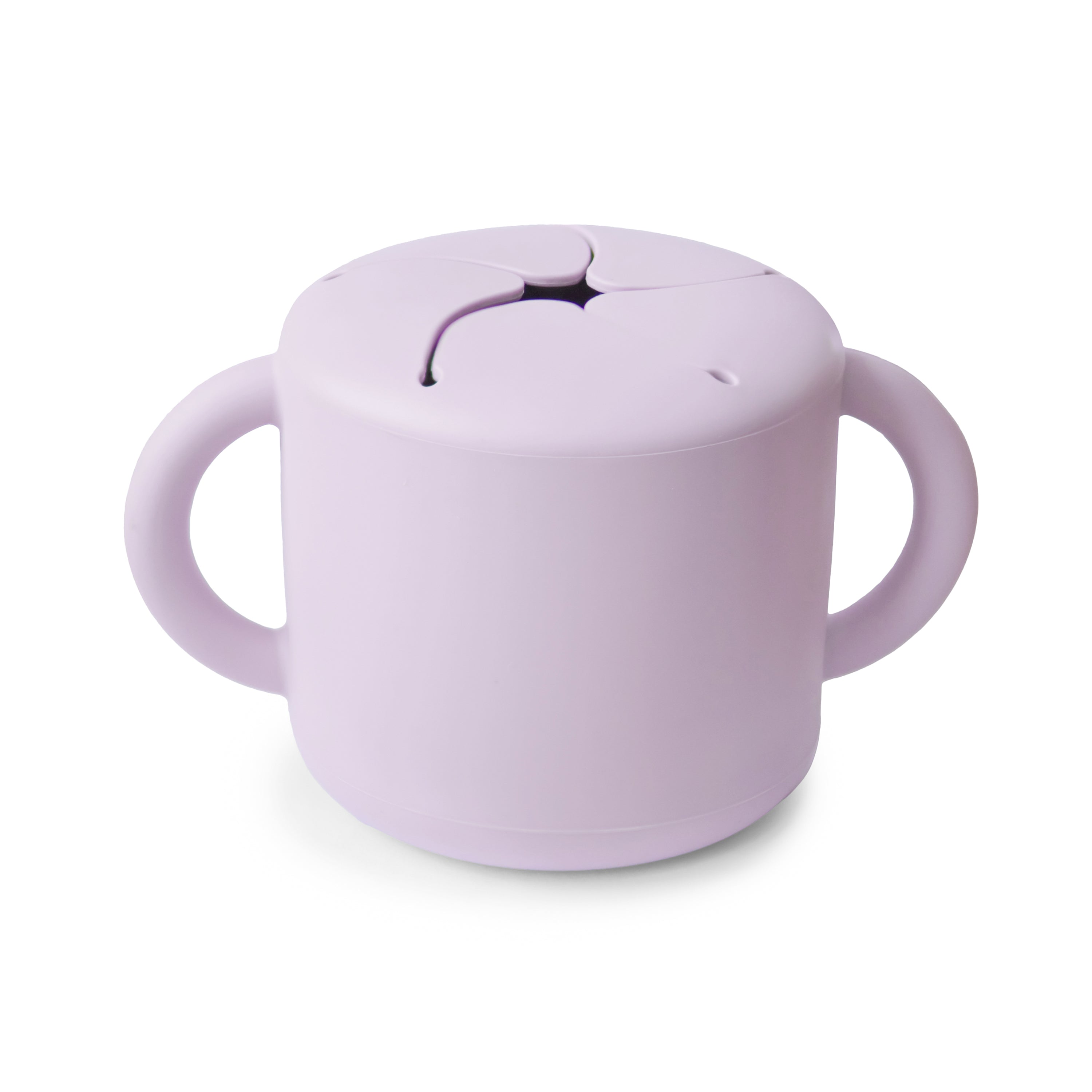 Mushie Snack Cup in Soft Lilac, a lavender silicone cup with two handles and a slotted spill-proof lid